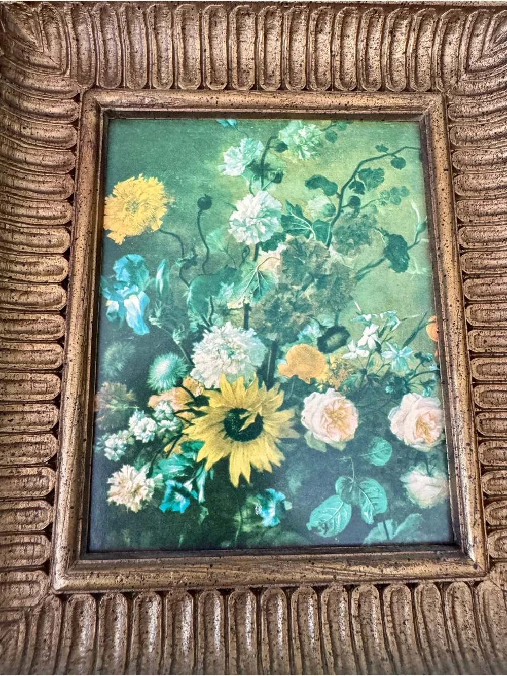 2 VTG Floral Still Life Wall Art 1970s Gold Framed  Baroque Syroco Style Plastic